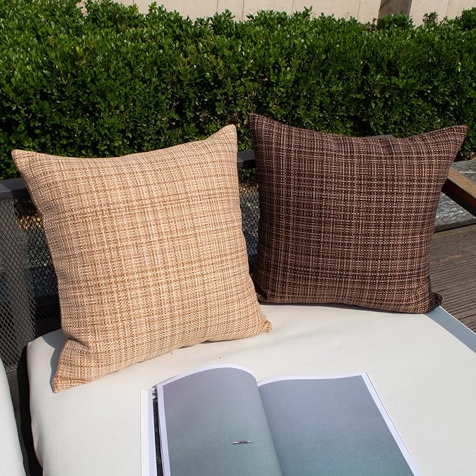 Kevin Textile Outdoor Waterproof 24x24 Inch Pillow Covers 2 Pack, Beige | Water Resistant, Faux Linen Yarn-dyed, Woven Texture Euro Throw Pillow Covers for Tent Patio Garden Couch Sofa