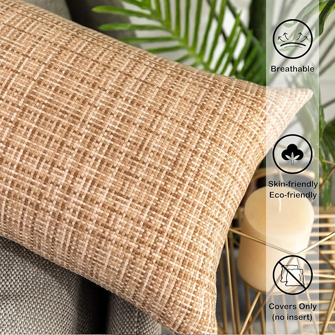 Kevin Textile Outdoor Waterproof 12"x20" Lumbar Pillow Covers 2 Pack, Beige | Water Resistant, Faux Linen Yarn-dyed, Woven Texture Throw Pillow Covers for Tent Patio Garden Couch Sofa