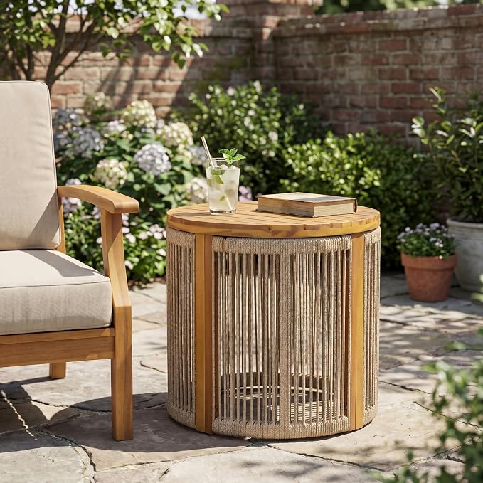 Christopher Knight Home Kimmy Outdoor Side Table with Rope Accent, Acacia Wood Coffee Table, Patio Round Side Table, Weather Resistant Accent Table for Outdoor Patio Furniture Set, Brown + Teak