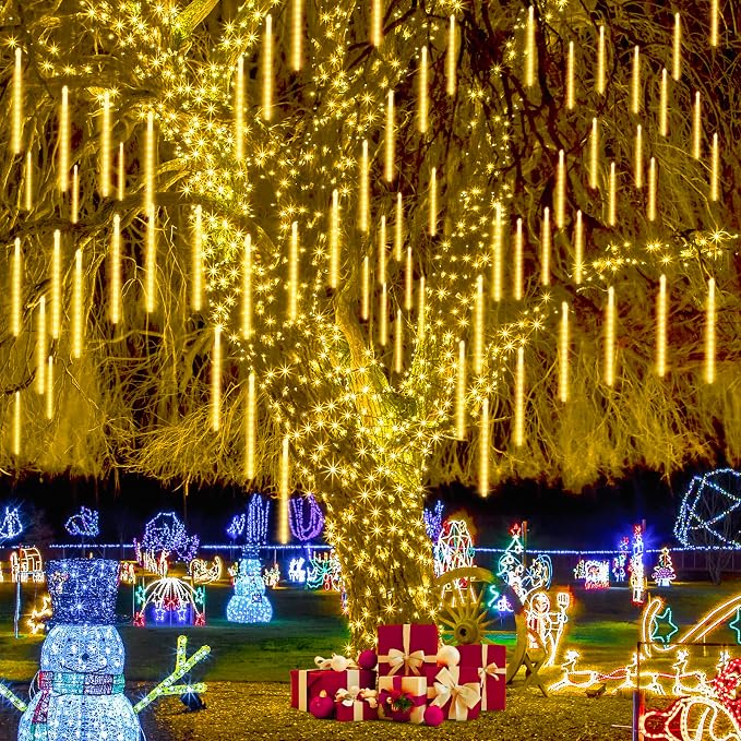 JMEXSUSS Solar Meteor Shower Lights Outdoor, 8 Tube 144 LEDs | Warm White Solar Christmas Lights for Tree Eave Xmas Holiday Party Patio House Wedding Decor