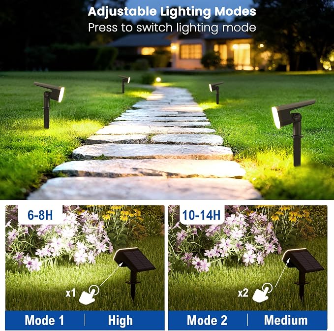 JEJOT Solar Lights Outdoor Waterproof IP65, Super Bright LED with Lens, 6500K 2 Lighting Modes, Solar Powered Yard Garden Solar Spot Lights for Outside Landscape Auto On/Off - 6 Pack