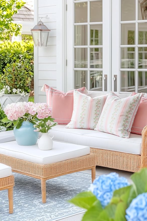 Hofdeco Premium Coastal Patio Indoor Outdoor Throw Pillow Cover Only, 20"x20" Water Repellent for Backyard, Couch, Blush Pink Print Stripe Floral