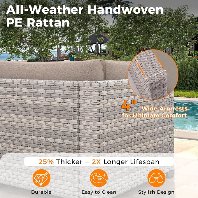 8-Seat Modern Patio Furniture Set with Swivel Rocking Chairs, Thick 4″ Cushions, Dual-Strand Wicker Rattan, Rust-Resistant Steel Frame – Outdoor Conversation & Modular Sectional,Beige
