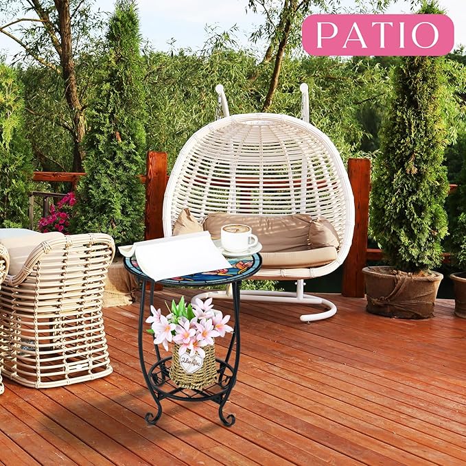 Cinnvoice Outdoor Side Table Round Small Mosaic Patio Accent Indoor End Plant Coffee Tea Table for Yard Patio Porch Garden Living Room, Bedroom(Dragonfly Style,12 Inch)
