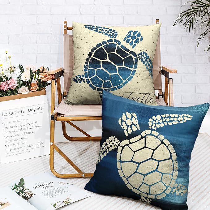 Coastal Beach Style Pillow Covers 24x24 Set of 2 Nautical Sea Turtle Throw Pillow Covers Ocean Linen Outdoor Pillow Case for Patio Living Room Car Blue