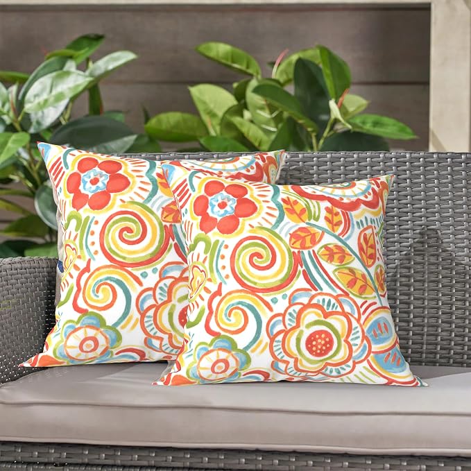 LVTXIII Outdoor Throw Pillows, Decorative Throw Pillows with Inserts, 16"x16" Square Pillows for Bed, Couch, Sofa and Patio Furniture, Set of 2, Flower Multi