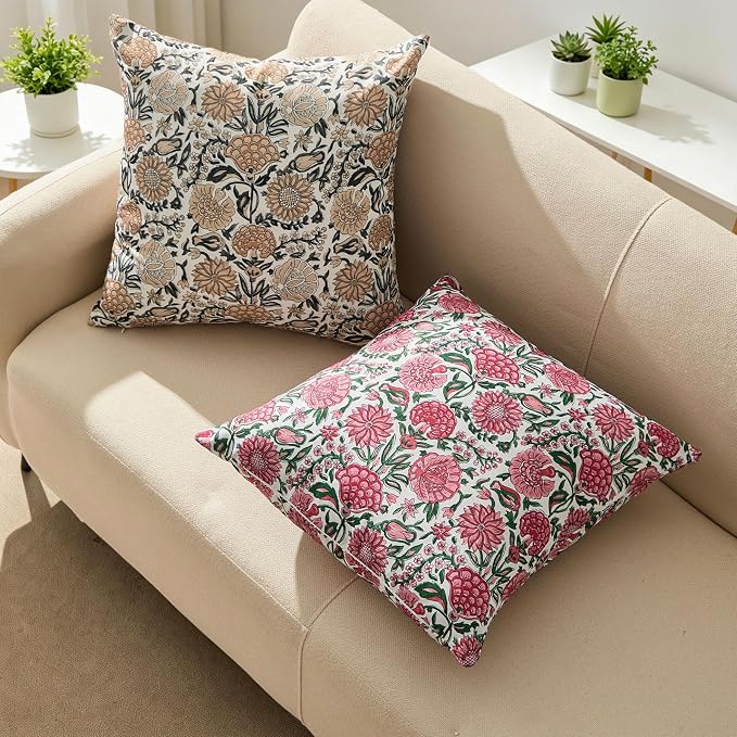 Allorry Outdoor Waterproof Pillow Covers 20x20 Brown Floral Outdoor Decor | Set of 2 Vintage Floral Block Print Pillow Cover,Farmhouse Boho Decorative for Spring Summer Outdoor Sofa Bedroom Decor