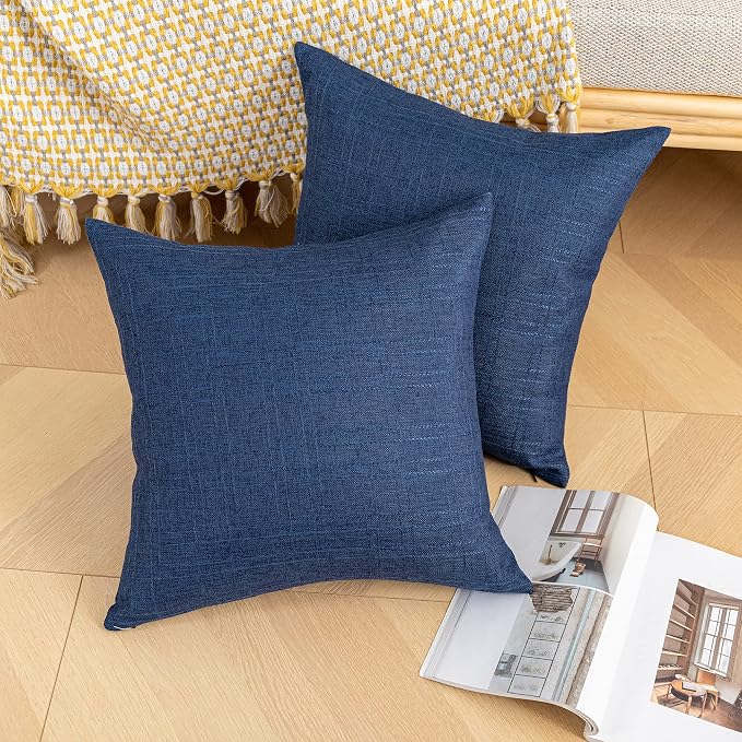 Kevin Textile Outdoor Waterproof 16”x16” Pillow Covers 2 Pack, Blue | Water Resistant, Soft Faux Linen-cotton Yarn-dyed Woven Texture Throw Pillow Covers for Tent Patio Garden Couch Sofa