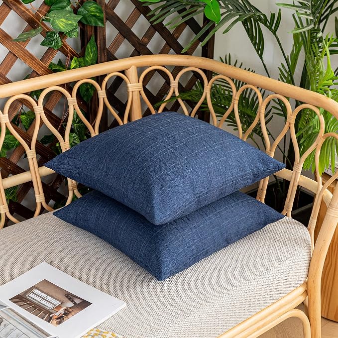 Kevin Textile Outdoor Waterproof 24”x24” Pillow Covers 2 Pack, Blue | Water Resistant, Soft Faux Linen-cotton Yarn-dyed Woven Texture Throw Pillow Covers for Tent Patio Garden Couch Sofa
