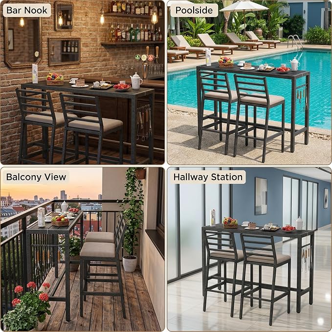 3Pcs Outdoor Patio Bar Set, 55" Rectangular High Top Table and Chairs Set with 2 Cushioned Bar Stools & Cover,Metal Pub Height Bistro Table Set for Balcony, Backyard, Porch, Deck,Garden, Pool
