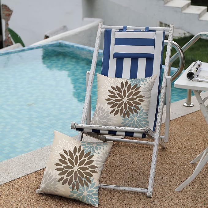 DFXSZ Outdoor Waterproof Pillow Covers 18x18 Set of 2 Brown Blue Flower | Spring Summer Waterproof Flower Throw Pillowcases（No Inserts）Outdoor Decor for Patio Funiture Garden Polyester Covers