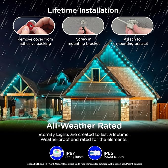 Enbrighten Eternity Permanent Outdoor Lights, 100ft, 72 Lights, Smart | White Cord, RGBWIC LEDs, Weatherproof, Cuttable, Link to 200ft, Christmas, App Control, Works with Alexa & Google Home