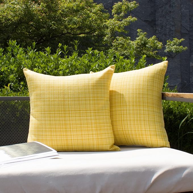 Kevin Textile Outdoor Waterproof 22x22 Inch Pillow Covers 2 Pack, Yellow | Water Resistant, Faux Linen Yarn-dyed, Woven Texture Throw Pillow Covers for Tent Patio Garden Couch Sofa