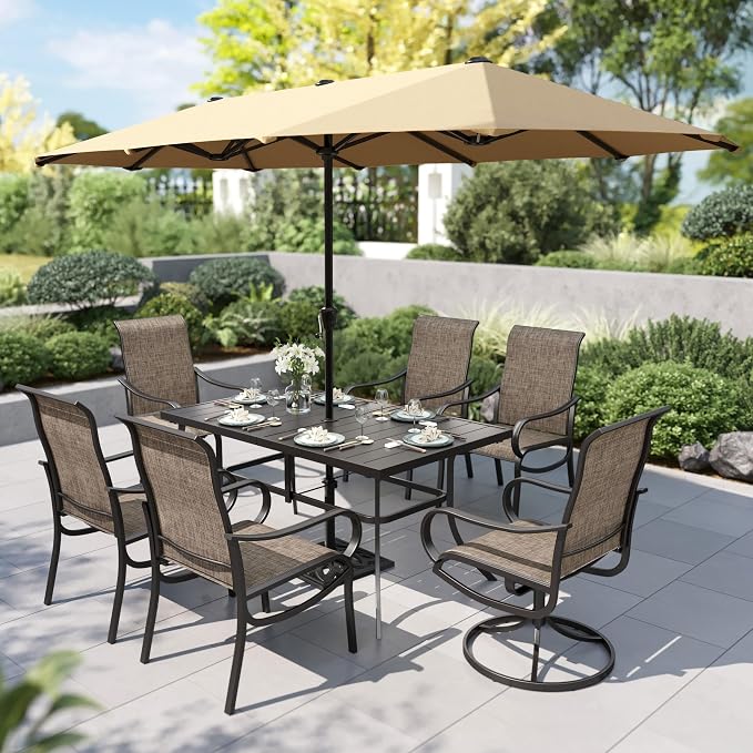 PHI VILLA 8 Pcs Outdoor Dining Set with 13ft Umbrella, Mesh Patio Chairs | 59'' rectangular metal table, 2 swivel & 4 fixed patio chairs and 13ft beige umbrella(NO BASE) for deck, garden, backyard