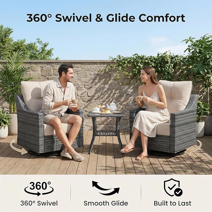 7 Piece Wicker Patio Furniture Set with 6" Thick Cushions, High Back Wicker Swivel Rocker Chairs, All Weather Conversation Set for Porch Deck Backyard Poolside (Beige)