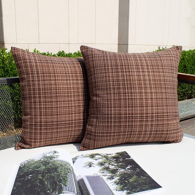 Kevin Textile Outdoor Waterproof 24x24 Inch Pillow Covers 2 Pack, Brown | Water Resistant, Faux Linen Yarn-dyed, Woven Texture Euro Throw Pillow Covers for Tent Patio Garden Couch Sofa