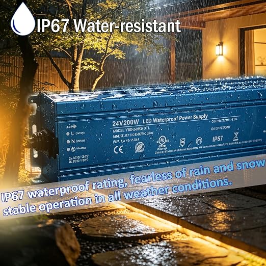 24V 200W UL Listed LED Power Supply with 3.28ft US Standard Plug Wire | Waterproof IP67 Low Voltage Transformer, 100V-130V AC to 24V DC Converter for DC24V LED Lighting Products