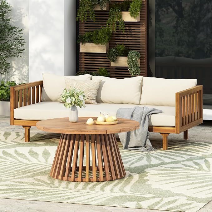 Christopher Knight Home Charm Patio Conversation Set, 3 Seater Acacia Wood Sofa, Spacious Seating Daybed, Wood Coffee Table, Round Side Table, Outdoor Furniture for Backyard Garden Gathering, Beige