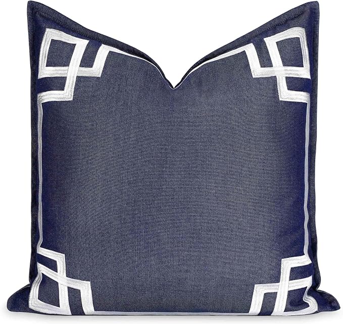 Hofdeco Premium Coastal Hampton Outdoor Performance Throw Pillow Cover Only, 20"x20" Water Repellent, UV and Fade Resistant for Backyard, Couch, Poolside, Indigo Blue Embroidered Frame Greek Key