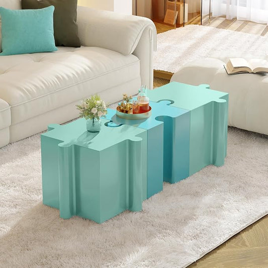 Christopher Knight Home Daton 3 Piece Interlocking Outdoor Side Table Set, Modular Lightweight Concrete Coffee Table, Convertible MGO End Table for Indoor&Outdoor, Creative Set Up,Sky Blue+Mint Green