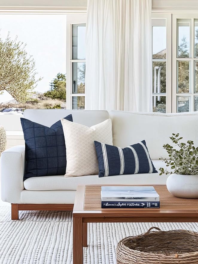 Coastal Linen Indoor Outdoor Lumbar Pillow Cover Only, 12"x20" Water Repellent for Patio, Backyard, Couch, Dark Navy Neutral Embroidered Stripes