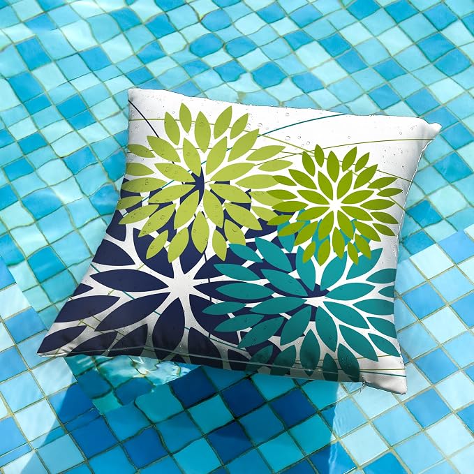 DFXSZ Pack of 2 Outdoor Waterproof Throw Pillow Covers 16x16 Green NavyBlue | Polyester Colorful Spring Summer Floral Decorative Cushion Cases(NO INSERT),For Couch Patio Funiture Garden Home Decor