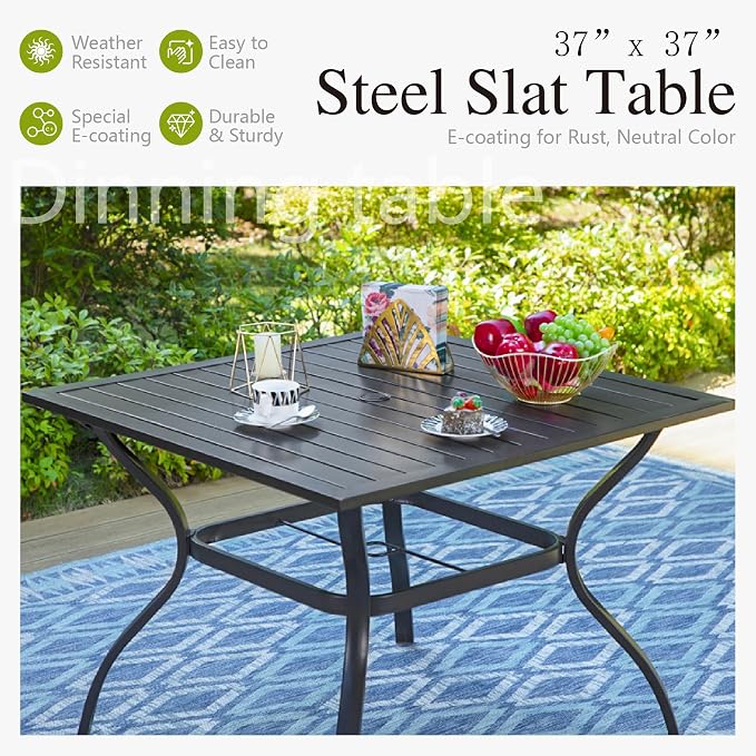 Sophia & William Patio Dining Set for 4 with 10ft 3 Tier Auto-tilt Umbrella, Outdoor Table Furniture Set with 4 x Metal Outdoor Chairs, 1 x Metal Square Dining Table and 1 Orange Red Patio Umbrella