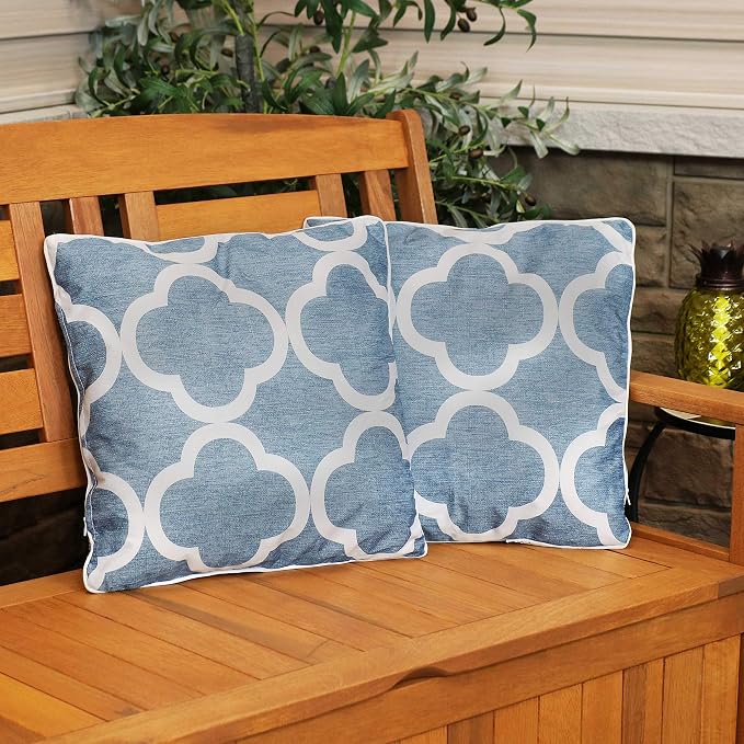 Sunnydaze 16-Inch Square Outdoor Decorative Throw Pillows - Set of 2 - Blue and White Quatrefoil
