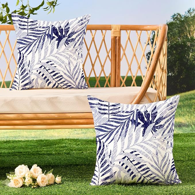 Allorry Outdoor Pillow Covers 18x18 Set of 2 Hawaii Tropics Palm Leaves Navy Blue Floral Pattern Decoration Pillow Covers for Spring Summer Outdoor Waterproof Garden Patio Sofa Bed Decor JB010-F18