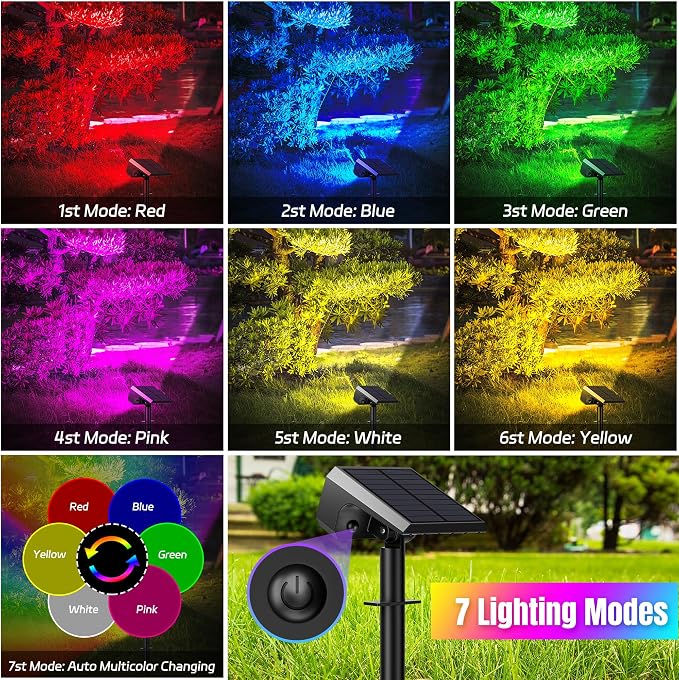Solar Spot Lights Outdoor RGB Color Changing, 6 Pack, 28 LED | IP67 Waterproof, 7 Modes Auto On/Off, for Yard Garden Pathway Walkway Tree Patio Driveway
