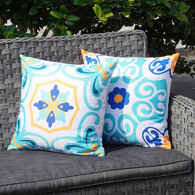 ONWAY Outdoor Boho Pillow Covers Waterproof 18x18 Set of 4 Floral Farmhouse Decorative Outdoor Throw Pillows for Bench Couch Patio Furniture Decorations