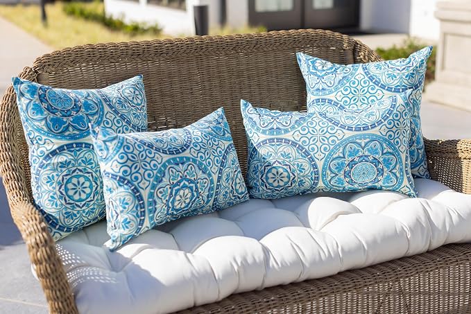 RSH DECOR: Square Throw Pillows Set of 4 | 17” x 17” | All-Weather Spun Fabric | Water and Fade-Resistant | Outdoor Accent Pillows for Patio Furniture | Blue Wheel Indigo