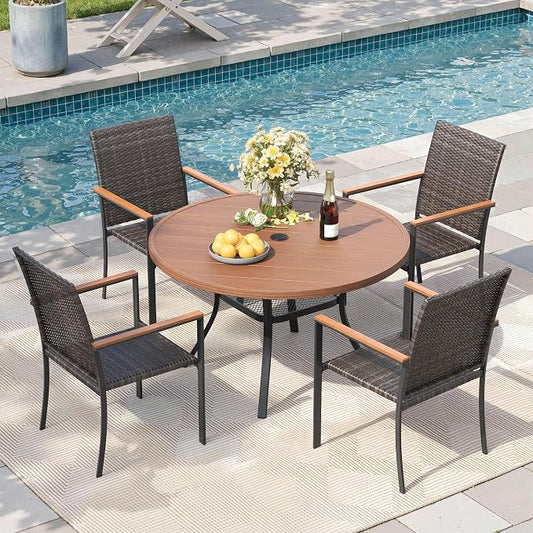Round Patio Dining Set for 4, 40.6" Round Metal Table with Umbrella Hole and Stackable Wicker Patio Chairs, Outdoor Furniture Set for Deck Backyard Garden, Walnut Chairs, Walnut Table