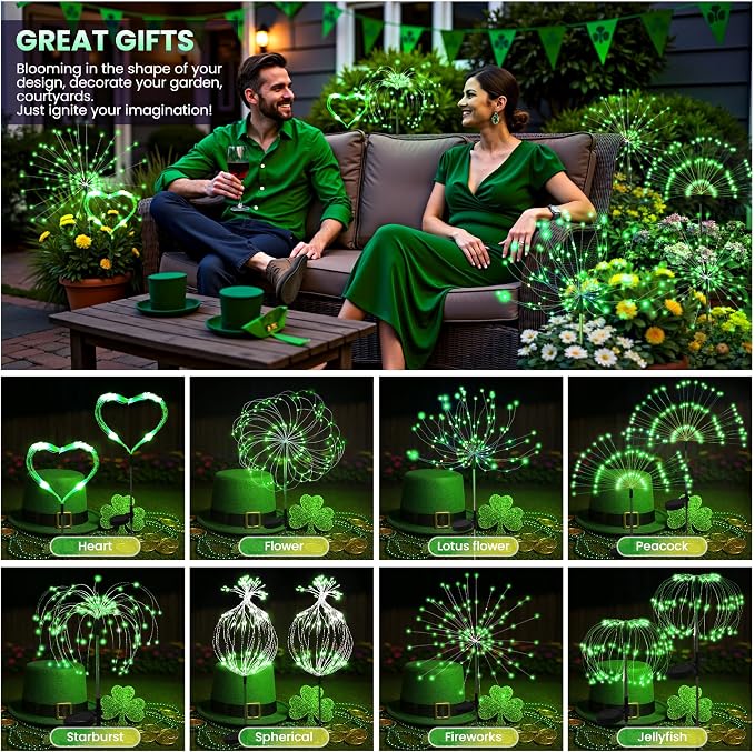PEVOROS Solar Firework Fairy Garden Lights Outdoor, Green, 4 Pack | 120 LEDs, Waterproof, Fairy Garden Decor, Auto On/Off, Solar Powered, for Yard, Patio, Porch, Flower Pot, Pathway