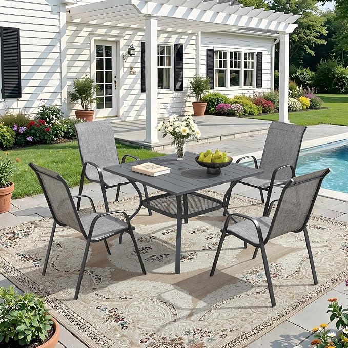 DIFY 5 Piece Outdoor Dining Set, 38" Square Metal Patio Table and Textilene Stackable Chairs for 4, All Weather Patio Furniture Set with Umbrella Hole for Backyard Garden Deck, Grey