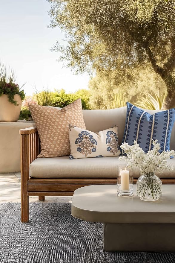 Crumbs Home Modern Farmhouse California Casual Indoor Outdoor Throw Pillow Cover, 22"x22" Water Repellent for Patio, Backyard, Couch, Poolside, Earth Tone Ivory Cream Tan Block Print Floral