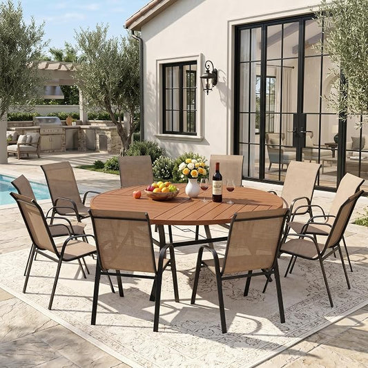 DIFY 11 Piece Outdoor Dining Set, 60" Walnut Round Metal Dining Table and Brown Textilene Stackable Patio Chairs, Patio Table and Chairs Set for 10 with Umbrella Hole for Backyard Garden Deck