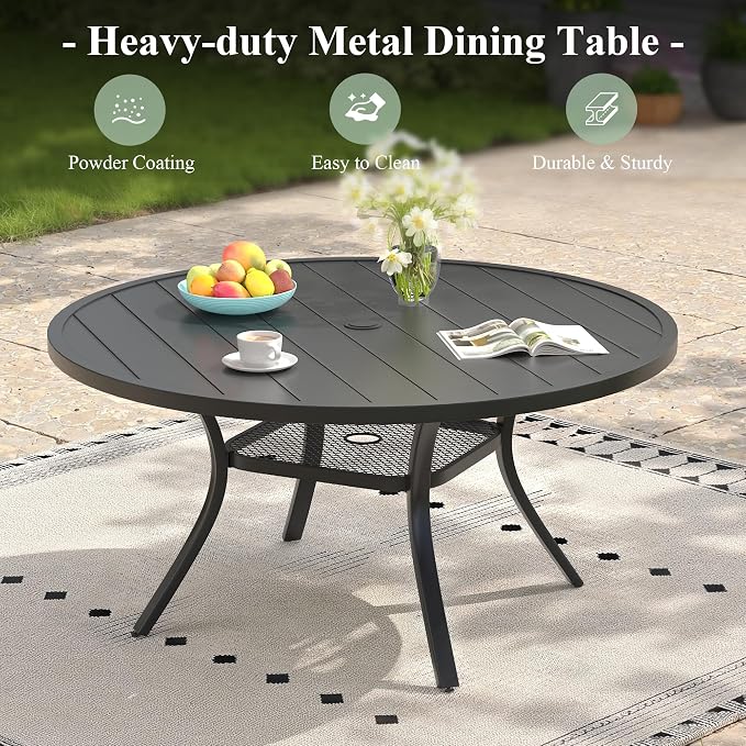 Outdoor Dining Table for 6, 47.2" Round Outdoor Table with Adjustable Umbrella Hole, All-Weather Metal Patio Dining Table for Lawn Garden Backyard Deck, Black