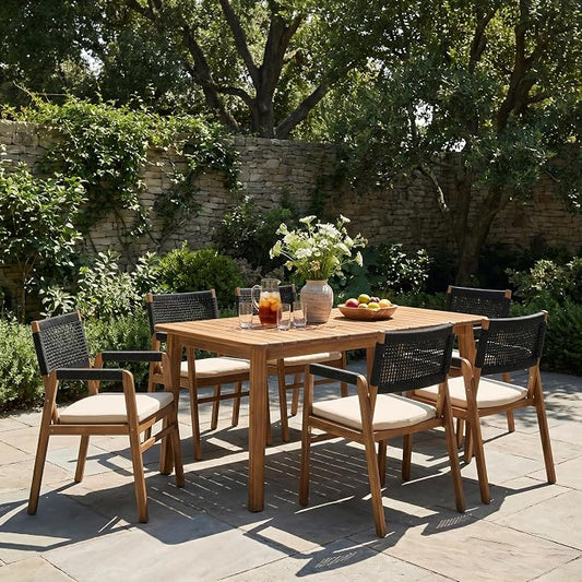 Christopher Knight Home Sky Acacia Wood Dining Table Set for 6, 7 Piece Patio Extendable Dining Table and Dining Chairs Set of 6 with Cushions & Rope Accents, Patio Furniture Set, Teak+Beige+Black