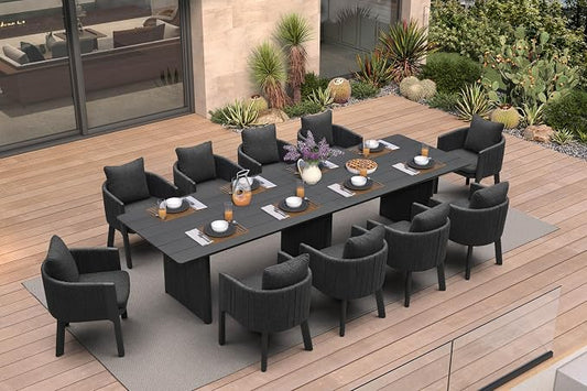 PURPLE LEAF Luxury 11-Piece Outdoor Dining Set for 10 Powder-Coated Aluminum Patio Table and Handwoven Olefin Rope Chairs with Cushions Modern Weather-Resistant Patio Furniture Carbon Slate Color