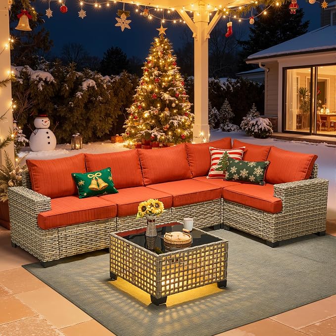 HOOOWOOO Sectional Patio Furniture Set with Solar Light Table,6 Pieces Wicker Outdoor Furniture L Shaped Couch,Outside Conversation Set with Extra Deep Seat Sofa Wide Arm,Brick Red