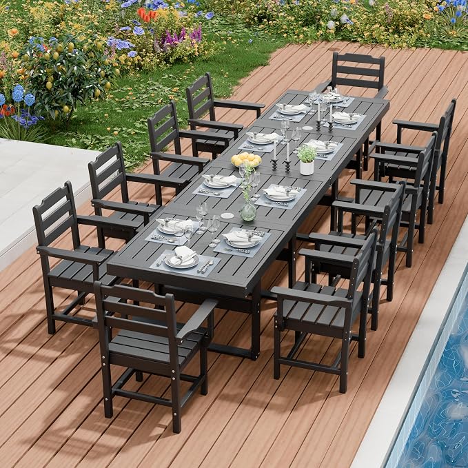 K Knowbody 12-Piece Outdoor Patio Dining Table and Chairs Set, Seats 10 | Steel-Reinforced HDPE, 100 lb/sq ft Load Capacity, 2-Inch Umbrella-Ready Tables, All-Weather, Fade-Resistant, Charcoal Black