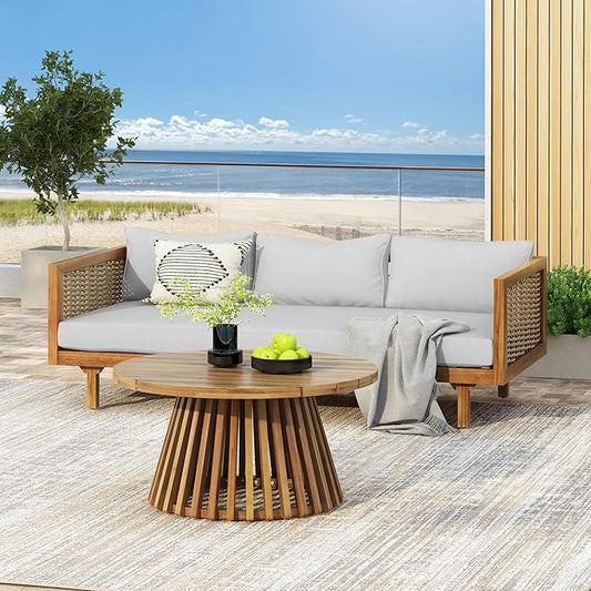 Merax Outdoor Acacia Wood Conversation Set, 3-Seat Loveseat Sofa w/Coushion, Round Coffee Table for Backyard, Patio Furniture, Teak+Light Gray