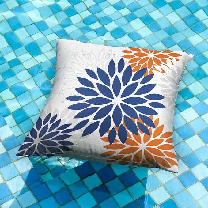 DFXSZ Outdoor Waterproof Pillow Covers 20x20 Set of 2 Blue Orange Flower | Spring Summer Waterproof Flower Throw Pillowcases（No Inserts）Outdoor Decor for Fall Patio Funiture Garden Polyester Covers