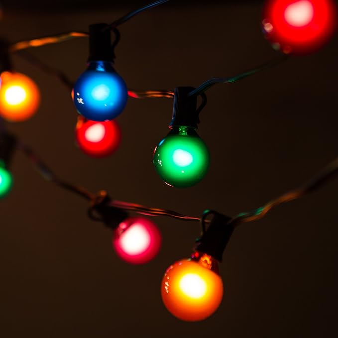 G40 Assorted Satin Pearl Colored String Lights (50 Foot – Black Wire) | G40 Assorted 1.6" Bulbs, Outdoor Globe Patio String Lights