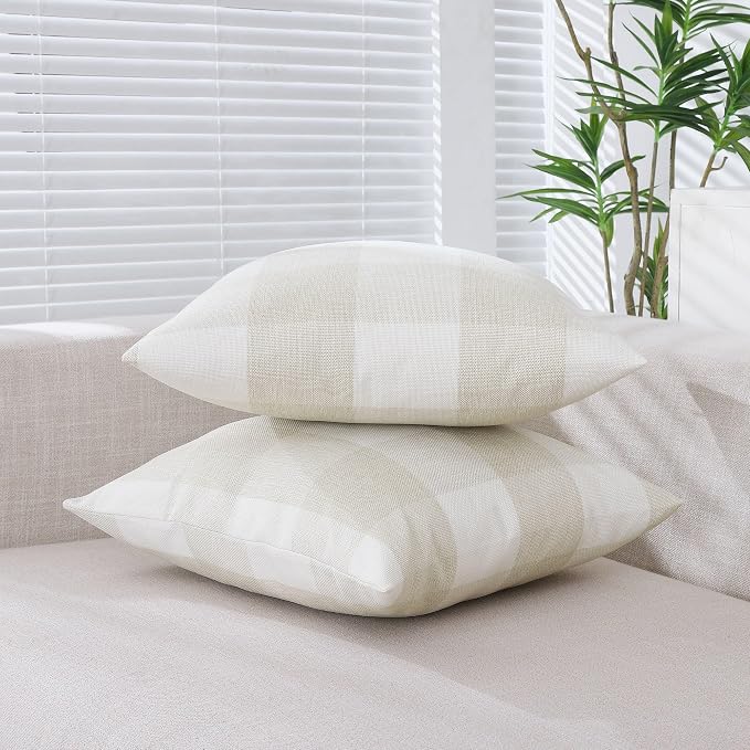 CARRIE HOME Beige Cream Buffalo Check Plaid Pillow Covers 18x18 Set of 2 Neutral Linen Throw Pillow Covers 18 x 18 Neutral Room Decor for Sofa and Couch