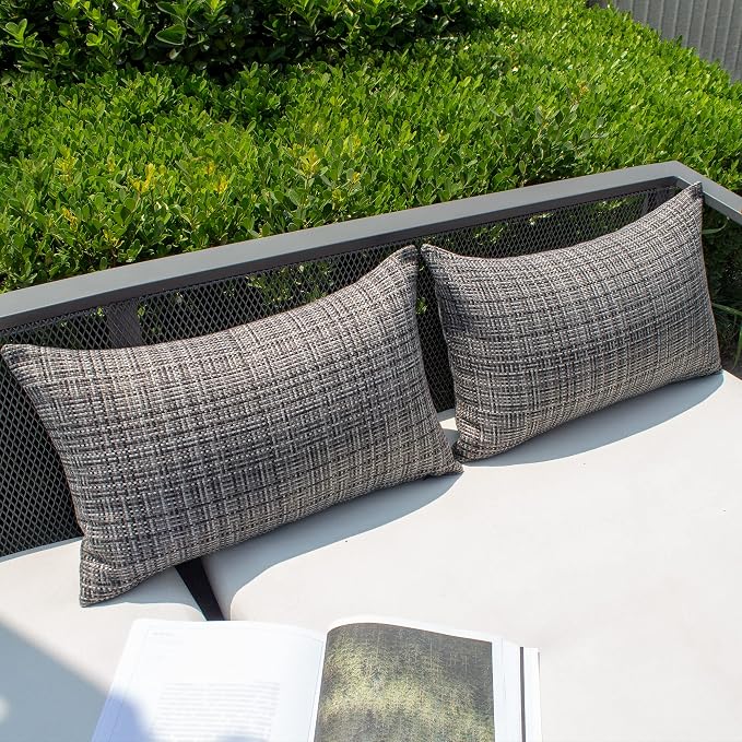 Kevin Textile Outdoor Waterproof 12"x20" Lumbar Pillow Covers 2 Pack, Grey | Water Resistant, Faux Linen Yarn-dyed, Woven Texture Throw Pillow Covers for Tent Patio Garden Couch Sofa