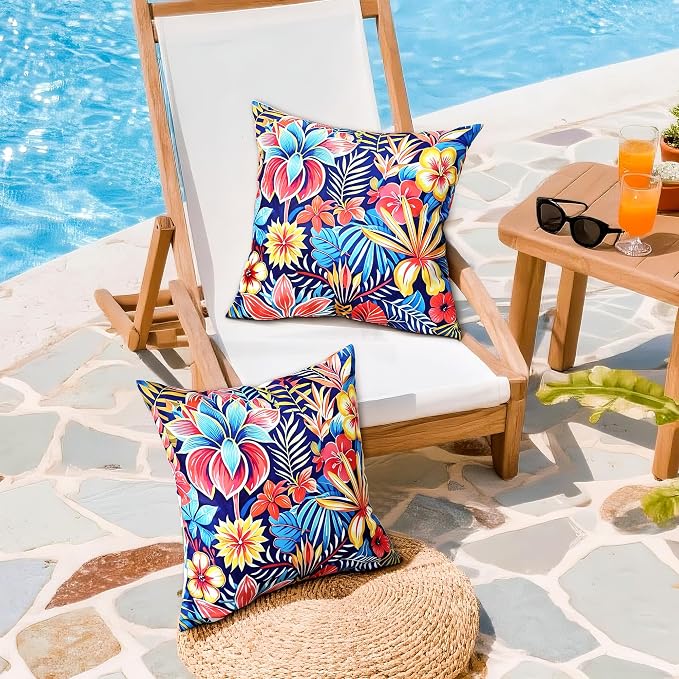 Outdoor Pillow Covers 20x20 Inch Set of 2, Tropical Floral Plants Modern Throw Pillows Cases, Spring Waterproof Square Garden Cushion Sham for Patio Funiture Tent Balcony Bench Sofa, Blue