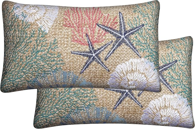 Honeycomb Outdoor Lumbar Pillows for Patio Furniture, 12 x 19, 2-Pack | Raffia Seashore Reef Throw Pillows, Water & Fade Resistant for Patio Furniture Set, 2-Pack