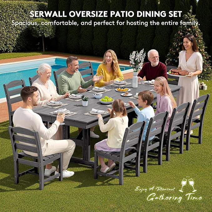 SERWALL Outdoor Armless Dining Chairs Set of 4, All-Weather HDPE Patio Chair with 19.7" Widened Seat, for Backyard, Garden, Gray